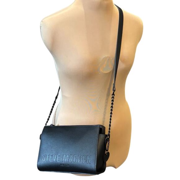 Steve Madden Pebbled Faux Leather Crossbody Bag Purse Black Chain Shoulder Strap - Picture 2 of 7